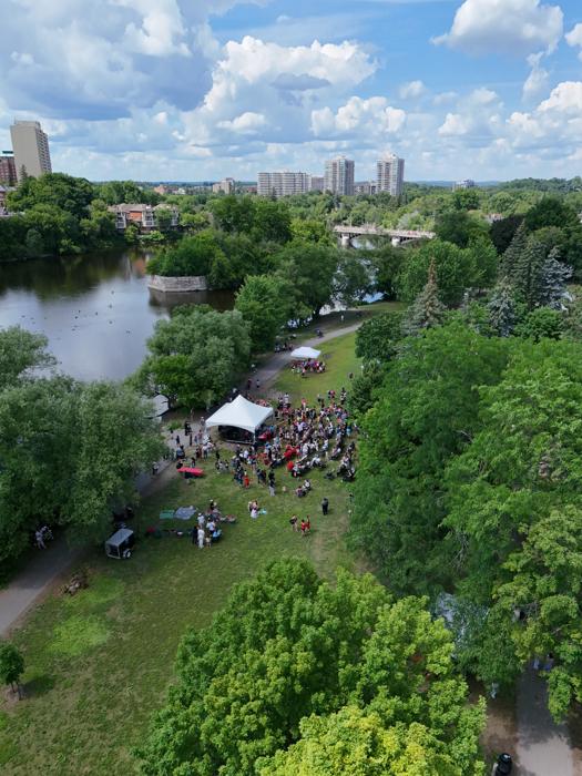 Aerial view of a crowd gathered in a city park