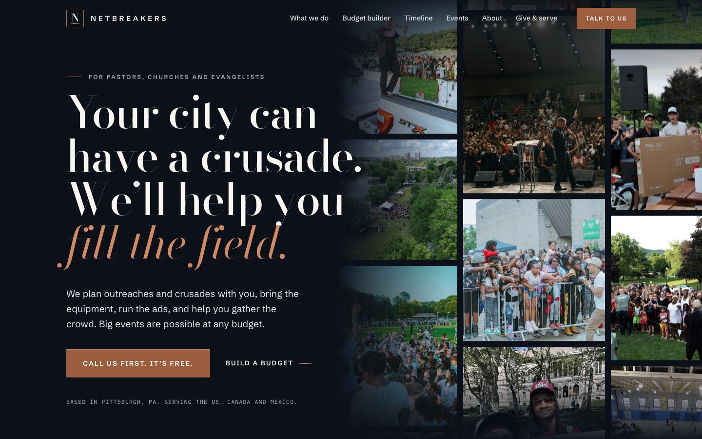 Preview of Option A: the dark ledger design with a photo collage beside the headline