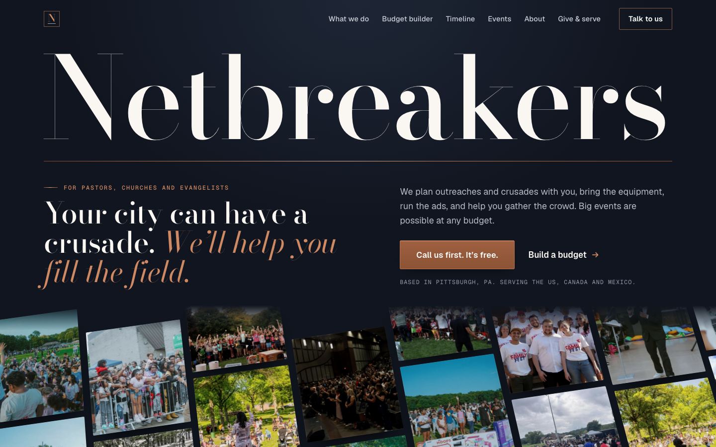 Preview of Option C: the bright design with a giant wordmark and a photo mosaic